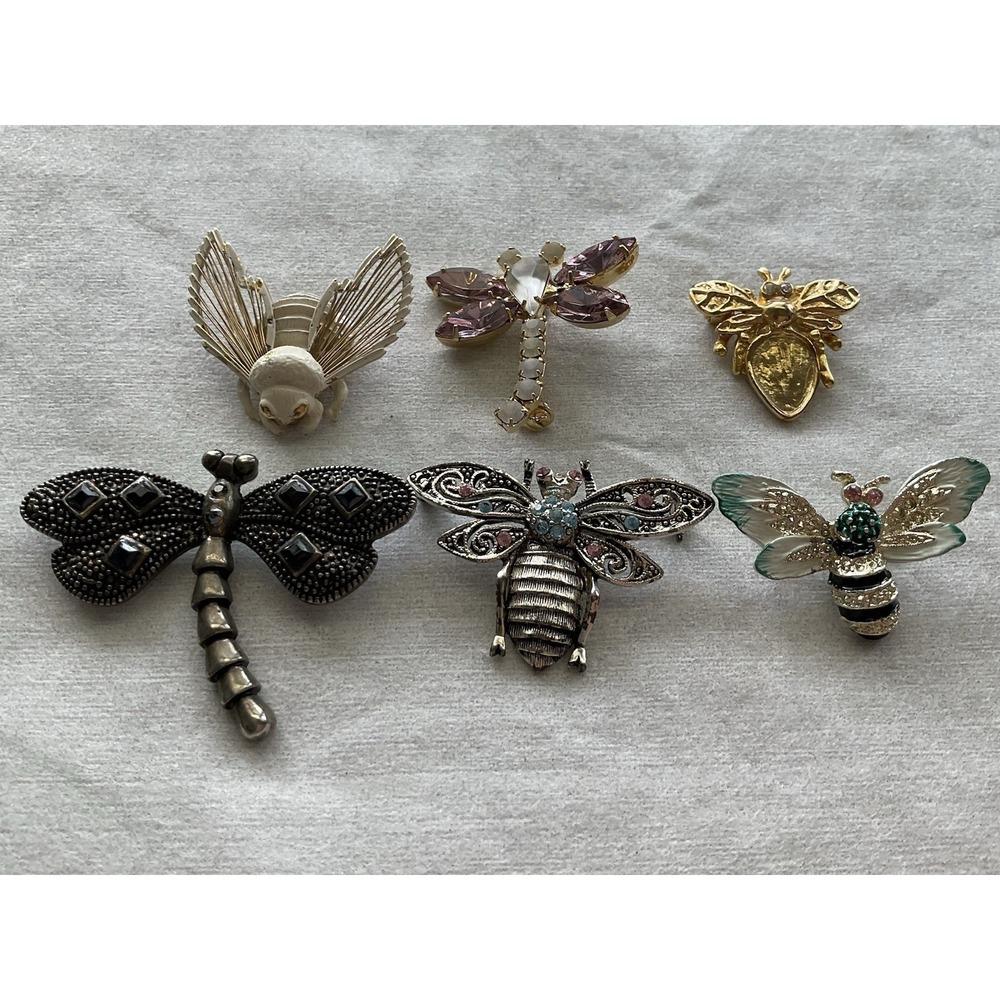 Lot Of 6 Vintage Brooch Pins Bug Insect Dragonfly Rhinestone Estate Jewelry